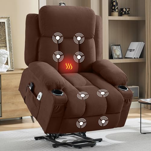 Power Lift Recliner Chair with Heat and Massage, Electric Recliner Sofa with Side Pocket & USB Charge Port, Recliner Chairs for Adults, Easy Remote Control (Brown)