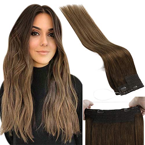 JoYoung Balayage Halo Human Hair Extensions Dark Brown to Dark Blonde with Lightest Brown Human Hair Halo Extensions Balayage Halo Human Hair Wire Extensions Balayage Halo Human Hair 14in 80g