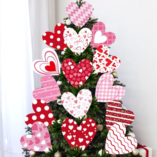 Heart Valentine's Day Decorations for Tree - 15pcs Large Valentine's Day Ornaments with Sticks, Cute Candy Tree Topper, Heart Picks for Vase Filler Wall Outdoor Home Wedding Party
