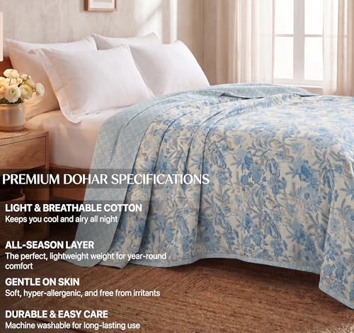 Image of BSB HOME Cotton Dohar for Double Bed, Lightweight AC Dohar Blanket, Soft Breathable Fabric, All-Season Comfort, Easy Care - 85 x 88 Inches (216 x 224 cm) (Powder Blue Bloom)