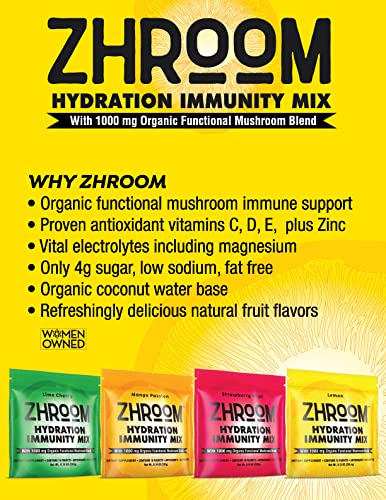 ZHROOM Hydration Immunity Mix–Lemon|Antioxidant&Electrolyte Supplement Drink Mix Powder with 1000mg Organic Functional Mushroom Blend|Refreshing&Thirst Quenching Immune Support(Pack of 16)