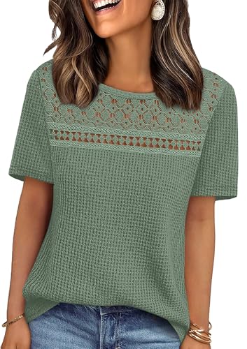 Womens Tops Dressy Casual Short Sleeve Shirts Boho Crochet Lace Waffle Knit Plus Size Fashion Clothing Going Out Spring Summer Outfits Green XL