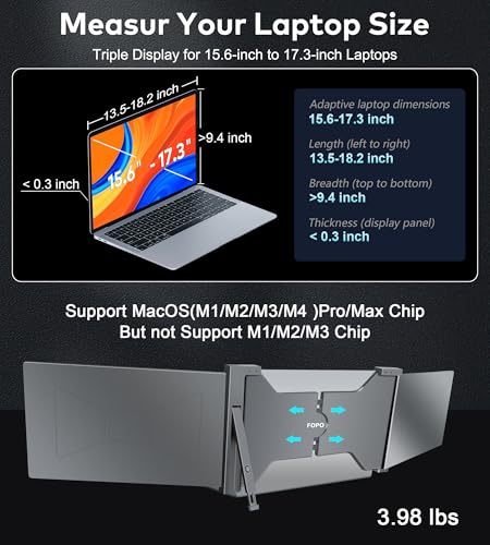 Image of 15.6 inch Triple Portable Laptop Monitor, FHD 1080P IPS Screen Extender Portable Display for 15.6-17.3 inch Laptops, PnP Travel Laptop Screen Extender with USB-C&HDMI, Dual Monitor for Windows, Mac