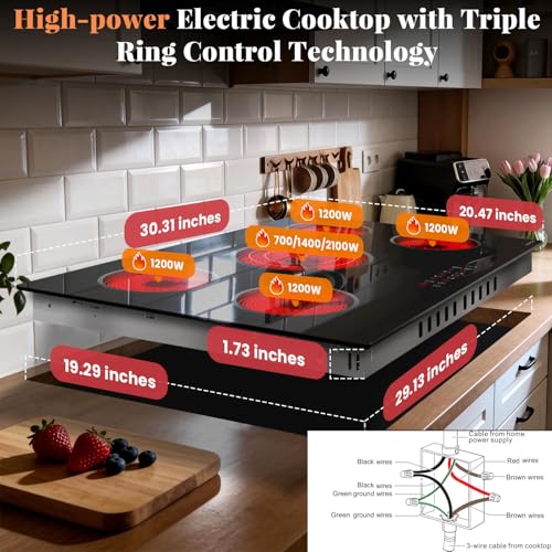 Image of Noxton 30 Inch Electric Cooktop, 5 Burner Ceramic Cooktop with Triple Ring Expandable Burner, Built-in Radiant Electric Stove Top, 9 Power Levels, Timer, Child Safety Lock, 240V Hardwired