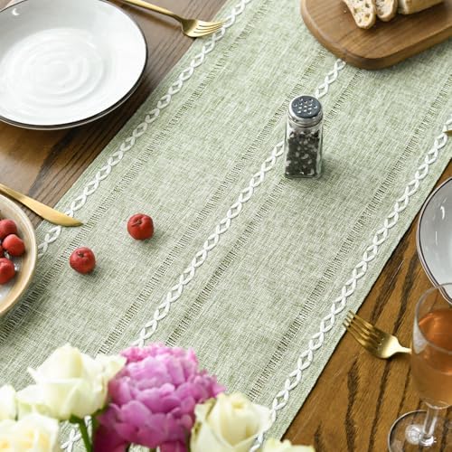 Artoid Mode Sage Green Rustic Cotton Linen Table Runner, Seasonal Embroidered Hollow Kitchen Dining Table Decoration for Home Party Decor 13x72 Inch — view 3