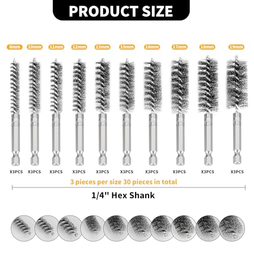 Image of 30 Pieces Bore Brush for Drill, Stainless Steel Wire Bore Brush with 1 /4 Inch HexShank, Assorted Size Drill Wire Cleaning Brush for Power Drill Impact Driver