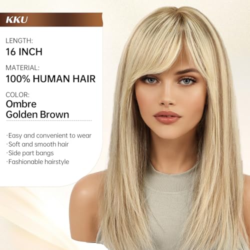 Image of KKU 16 Inch Ombre Golden Brown Human Hair Wigs for Women, Straight Human Hair Wig with Bangs, Remy Human Hair Wigs, Daily Wig