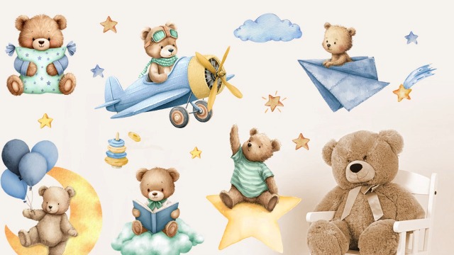 Vinilos decorativos para pared con diseño de oso y avión azul miniatura 7