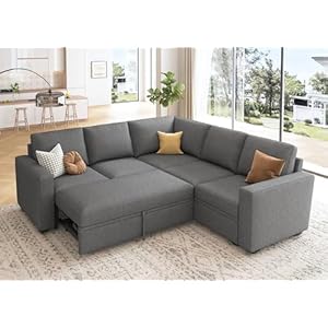 HONBAY Sectional Sleeper Sofa with Pull Out Bed, L Shaped Couch with Storage Seat, Modular Sectional Couches for Living Room, Dark Grey