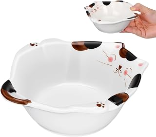 Cabilock 6 Inch Japanese Cat Ceramic Bowl, Cute Rice Bowl for Soup, Cereal, Salad, Noodles, Dessert and Snacks, Porcelain Gift for Cat Lovers, White