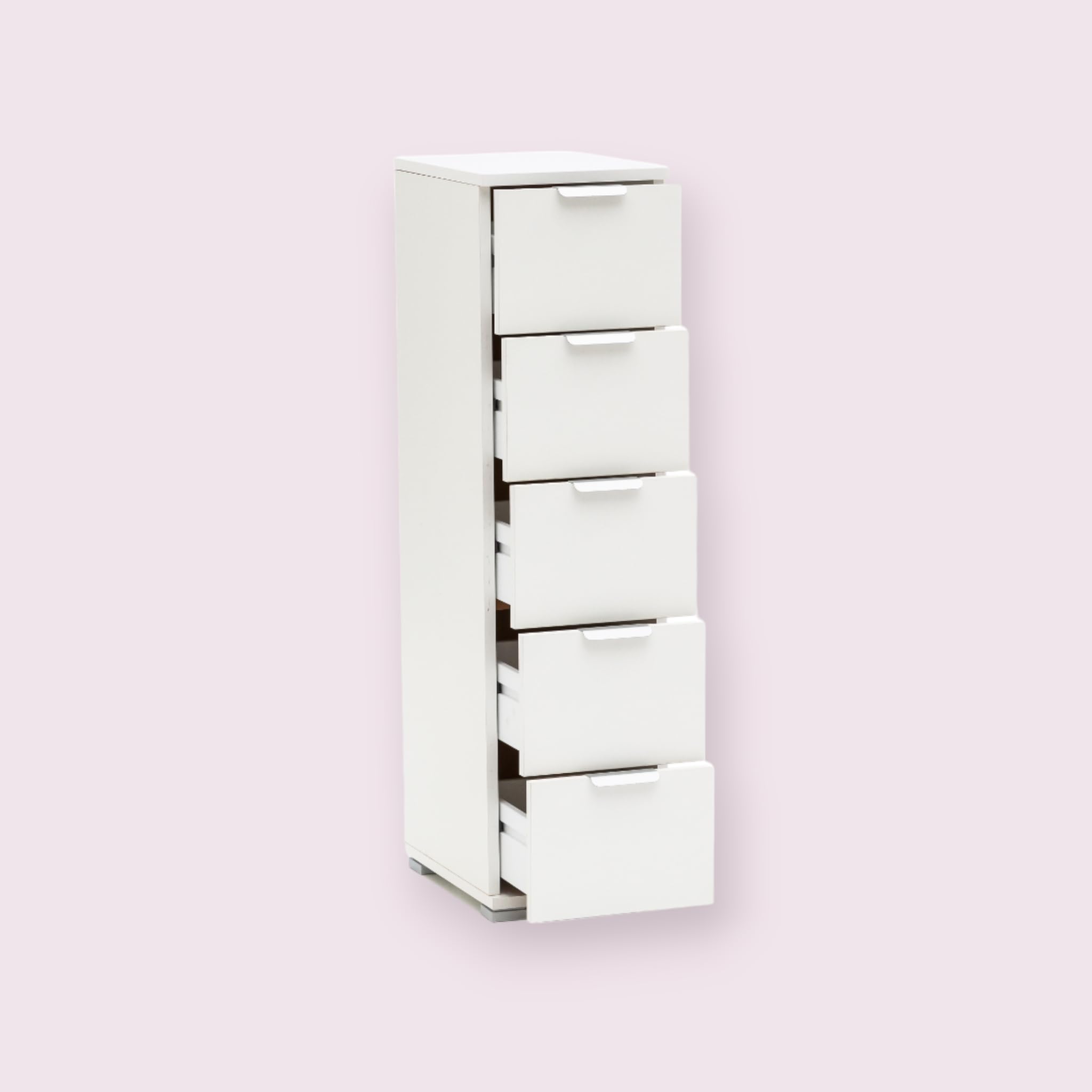 Cassettiera Salvaspazio Bianca 5 Cassetti 27x38x105 cm | Struttura alta e stretta, legno laminato, cassetti su guide, già montata, per camera ufficio archivio