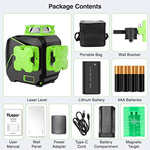Huepar 3 X 360 Cross Line Laser Level 3D Self-Leveling Three-Plane Leveling And Alignment Green Beam Laser Tool, Switchable Vertical & Horizontal Lines, Li-Ion Battery & Magnetic Pivoting Base S03Cg-L #TOP6