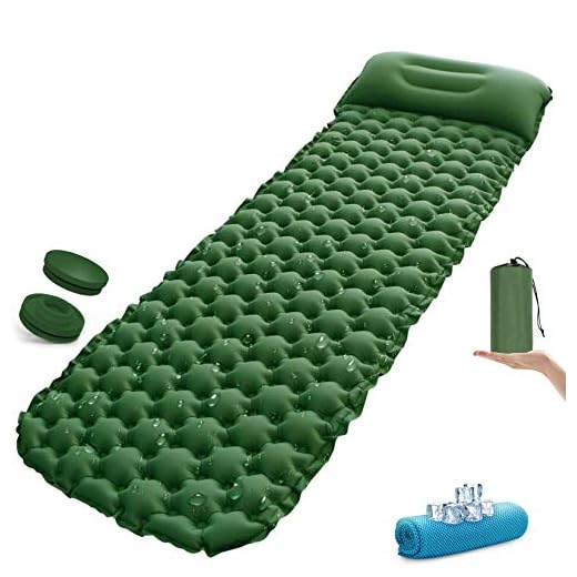 Sleeping Pad Comfortable Camping Mat Ultralight Camp Mattress Outdoor Air Sleeping Bed with Innovation Separates Inflatable Pillow Button Stitching for Travelling and Hiking (Green-pack1)