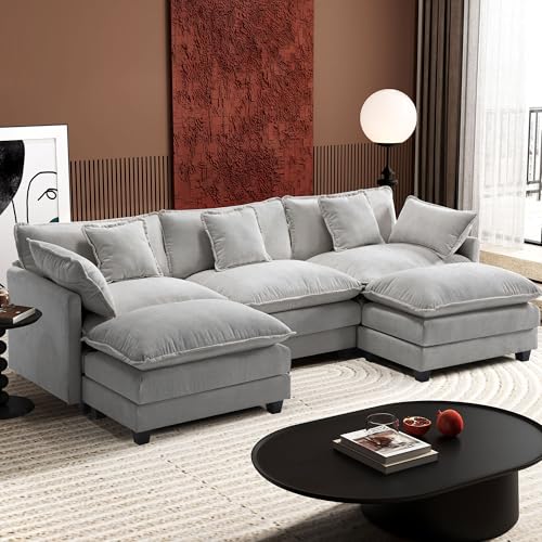 Ihanherry 111.4' U Shaped Modern Cloud Sofa Modular Sectional Couch with 2 Ottoman, 5-Seat Chenille Deep Seat Sofa with Pillow for Living Room, Bedroom and Apartment, Grey