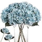 Kisflower Blue Hydrangea Artificial Flowers 6pcs Faux Hydrangea Flowers, Fake Flowers for Table Centerpiece, Blue Silk Hydrangea Flowers with Stems for Home Wedding Party Decor