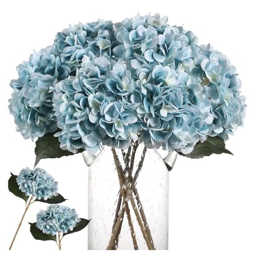 Kisflower 6Pcs Blue Flowers Silk Hydrangea Artificial Flowers Realistic Hydrangea Flowers Bouquet for Wedding Party Office Home Decor (Blue)