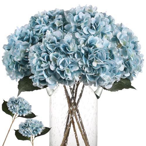 Kisflower 6Pcs Blue Flowers Silk Hydrangea Artificial Flowers Realistic Hydrangea Flowers Bouquet for Wedding Party Office Home Decor (Blue)