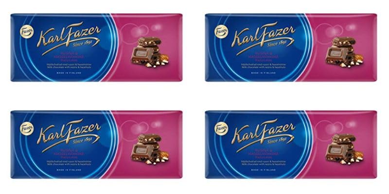 4 Bars of Karl Fazer Finland Milk Chocolate with Raisins and Hazelnuts