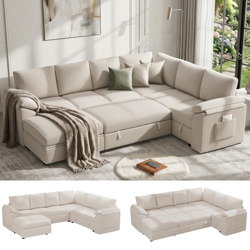 108 Inch Sectional Sleeper Sofa Bed with Pull Out Couch, U Shaped 7 Seat Cloud Modular Sectional Sofa with Storage, Corduroy Sectional Couches for Living Room, Removable Sofa Cover, Beige