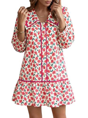 Image of Wenrine Womens Casual Shirt Dresses 3 /4 Long Sleeve Floral Button Down Flowy Babydoll Fall Mini Dress