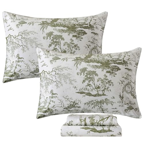 Image of FADFAY Toile Sheets Set Queen Sage Green Toile de Jouy Bedding Pastoral Print French Country Bedding 100% Egyptian Cotton Farmhouse Sheets Breathable Soft 4Pcs Deep Pocket Sheet Set for All Seasons