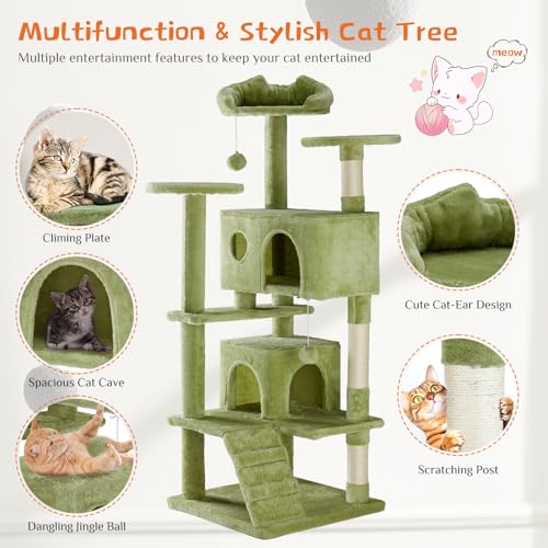Image of Sweetcrispy 54 Inch Cats Tree Tower, Multi-Level with Scratching Post, Indoor Cat Tree Condo with Climbing Ladder, Plush Toy, Play House for Kittens, Green