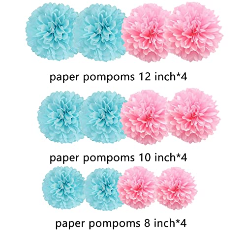 Image of We Moment Tissue Paper Pom Poms Decorations - Pink & Blue Paper Flowers 12 pcs - Gender Reveal Party Decorations for Baby Showers