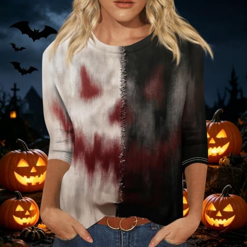 Image of Women Spooky Halloween Graphic Shirt 3 /4 Length Sleeve Crewneck Top | Halloween Funny Printed Pumpkin Plus Size Tshirts 2026 Fall Outfits Skeleton Tee Going Out Tops
