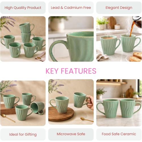 Image of The Earth Store Green Artisan Wave Coffee Mug - 340ML Ceramic Coffee Mugs Set of 6 | Microwave & Dishwasher Safe Mugs for Gift | Home | Office | Restaurant | Daily Use Tea Mug