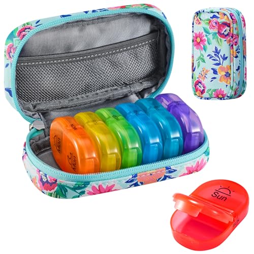 Image of Serfeymi Weekly Travel Pill Organizer 2 Times A Day AM PM Upgraded Rainbow Pill Box 7 Day with Portable Zipper PU Leather Pill Case, Medicine Organizer for Pills, Vitamins, Fish Oils - Green-01