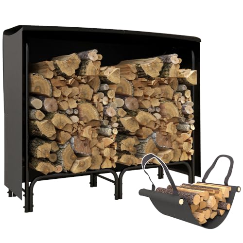 Image of Outsunny 4FT Firewood Rack with Canvas Carrier Bag Metal Log Store Black