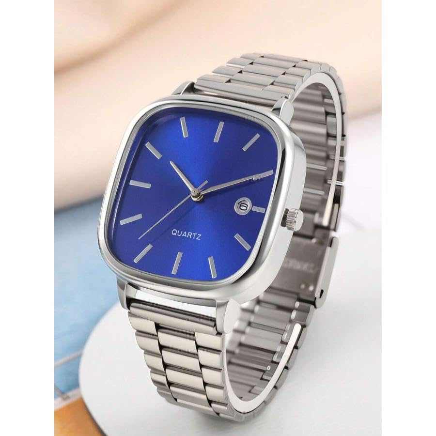 Image of Minimalist Men's Square Dial Watch with Date | Comfortable Stainless Steel Quartz Analog Wristwatch | Casual & Formal Timepiece