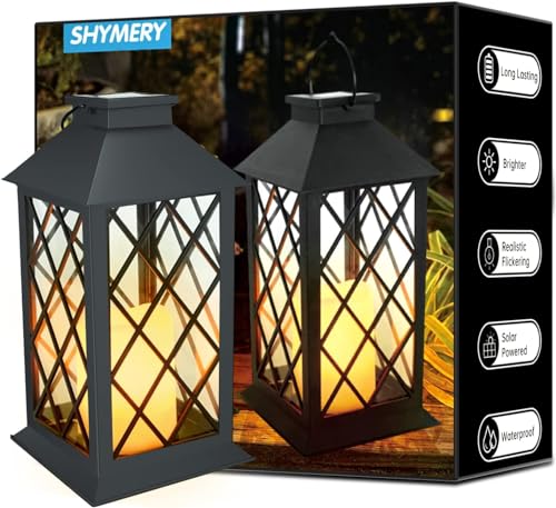Image of SHYMERY Solar Lanterns Outdoor Waterproof, 14 Inch Outdoor Lanterns with LED Flickering Flameless Candles,2 Pack Hanging Black Lantern Decorative for Patio,Front Porch,Balcony,Outside,Table Decor