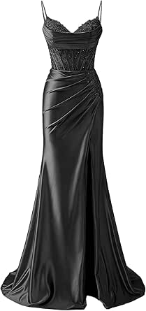 Mermaid Prom Dress With Slit - Corset Spaghetti Straps Lace Appliques Long Formal Ball Gown