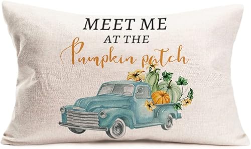 Miniatura 7 de Juego de 4 fundas de almohada de calabaza para decoración de otoño para el hogar, 22 x 22 pulgadas, juego de 4 flores de hoja de arce con camión