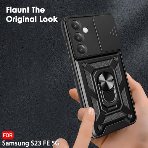 Image of TheGiftKart Tough Armor Bumper Back Cover Case for Samsung Galaxy S23 FE 5G | Sliding Camera Cover, Kickstand & Ring Holder | 360 Protection Back Cover for Samsung Galaxy S23 FE 5G (PC & TPU, Black)