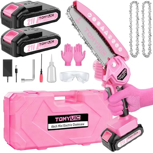 Mini Chainsaw 6-Inch Battery Powered - Pink Cordless Electric Handheld Chainsaw with 2 Rechargeable Batteries - 21V Small Power Chain Saws Battery Operated for Tree Trimming Wood Cutting