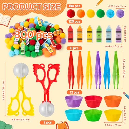 Image of EZdhuawuse Crayon Sensory Bin Fillers, 321Pcs Back to School Fine Motor Set | Counting Sorting Summer Gift for Teens Students Adults, Colorful Felt Crayons Pom Poms Cup Clip, School Education Activities