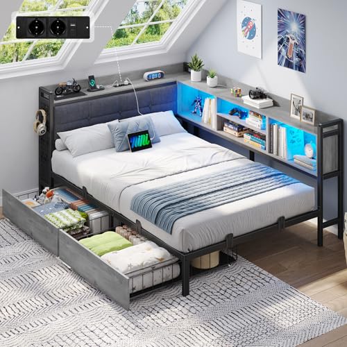 Brinlawb Canapé Lit 90x200 cm avec Éclairage LED et Multiprise(2 Prises AC 2 Ports USB) Lit Banquette 90x200 avec 4 Compartiments et 2 Tiroirs, Tête de Lit...