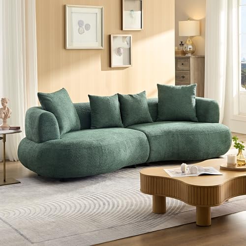 Image of KEIKI 102 inch Curved Oversized Boucle Modular Sectional Sofa with 4 Throw Pillows, Mid-Century Style 4-Seater Upholstered Corner Plush Comfy Couch, Easy Assembly, for Apartment, Living Room, Green