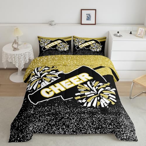 Image of Feelyou Yellow Glitter Cheer Comforter Set Toddler Size Dreamy Girly Gymnastic Sports Comforter for Kids Boys Girls Gymnastics Lovers Bedding Set Cheer Sports Duvet Set Room Decor Quilt