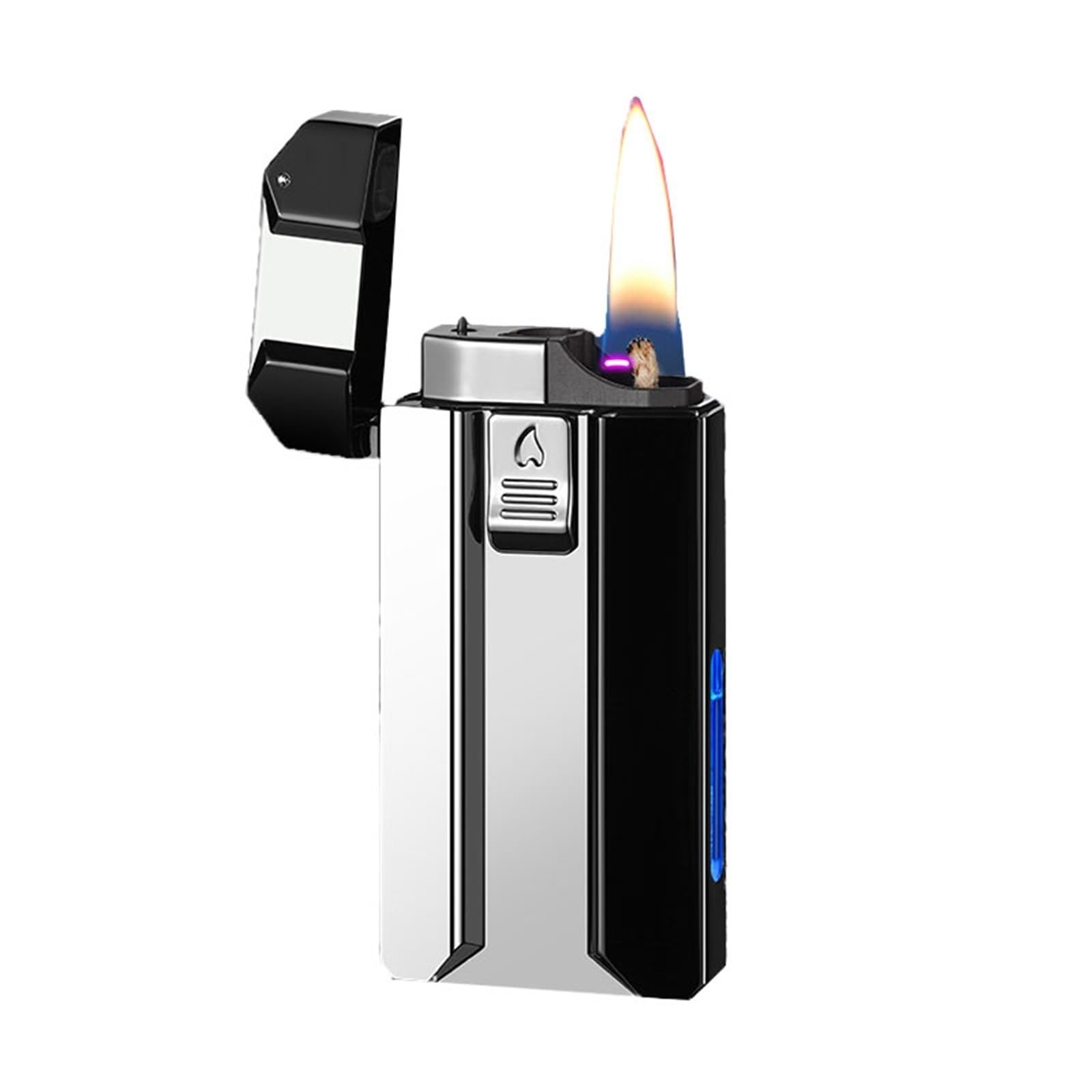 Encendedor de doble llama: butano y queroseno recargable, llama de chorro/suave, tanque de combustible visible, diseño de metal duradero, perfecto para el uso diario