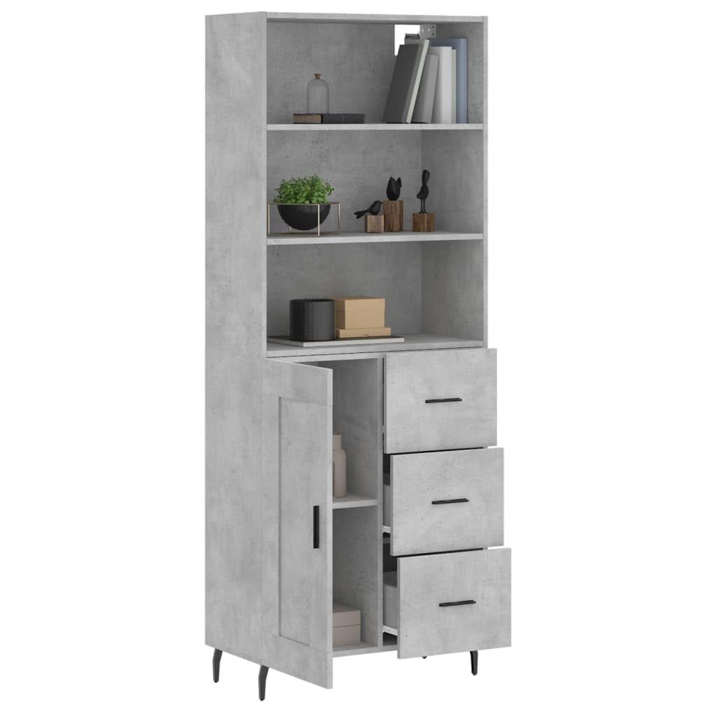 Szara szafka betonowa, 69,5 x 34 x 180 cm, materiał drewnopochodny, metalowe nóżki, dużo miejsca do przechowywania, do salonu, kuchni