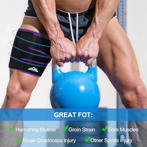 Image of supregear Thigh Wraps Support, Adjustable Compression Neoprene Thigh Sleeve Hamstring Quad Wrap Upper Leg Brace for Women Men Pulled Groin Muscle, Quadriceps, Black + Purple, XL