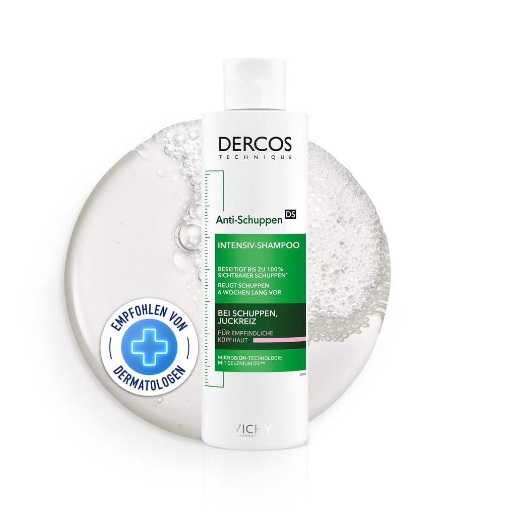 VICHY Anti-Schuppen Sensitive Intensiv-Shampoo, Stärkt das Mikrobiom, Anti-Rückfall-Effekt, Mit Pirocton-Olamin und Bisabolol, Ohne Sulfate, Dercos Anti-Schuppen, 200 ml