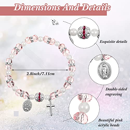 Junkin 30 Pcs Beaded Stretch Rosary Bracelet with Mesh Bags Catholic Bracelets for Women Girls Religious Rosary Bead Pink Bracelet Crucifix Medal Catholic2