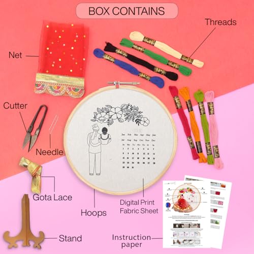 Image of picknMAKE Fabric DIY Personalized Wedding Anniversary Embroidery Kit for Beginners, Calendar Hoop Art with 3D Bride & Groom Design, Floral Motifs, & Display Stand Perfect for Weddings & Anniversaries
