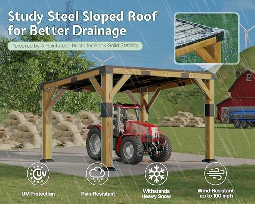 Image of Jocisland 10x12x8 FT Cedar Wood Carport, Heavy Duty Canopy Carport with Sloped Galvanized Steel Roof for All Weather, Permanent Shelter for Tractor, Motorcycle, Bike & Garden Tools