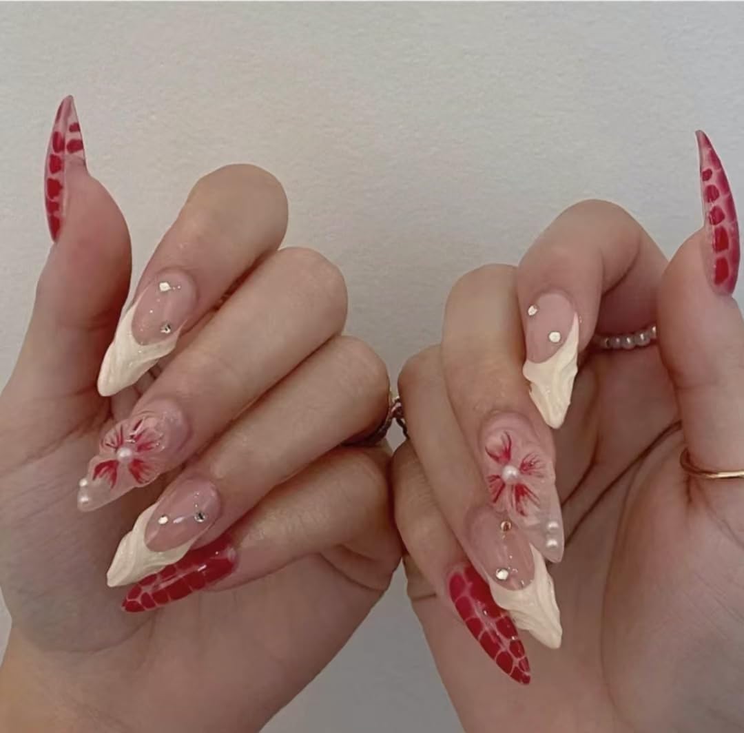 GuxiPirets Medium Long Press on Nails,Red French Tips Almond Shaped Rhinestone Nail Press ons with 3d Flower Design 24Pcs False Nails