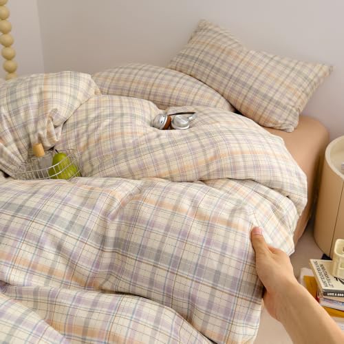 Image of EAVD Grid Plaid Duvet Cover Queen Green Blue Purple Gingham Duvet Cover Set | Soft Muslin Cotton 3-Piece Reversible Gingham Duvet Cover with Zipper Closure Geometric Pattern with 2 Pillowcases All-Season